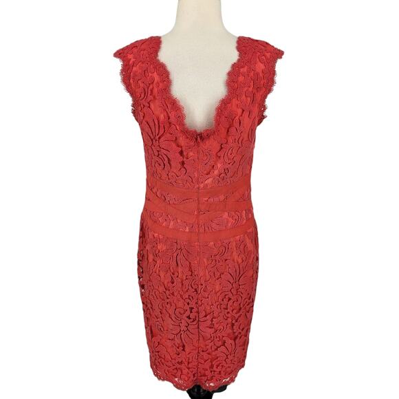 Tadashi Shoji Red Coral Chantilly Lace Sleeveless Sheath Cocktail Dress Size 8 - Picture 6 of 10